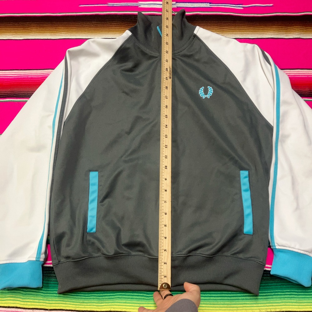 VTG Fred Perry Track Jacket Men's M Grey White Blue Crest Logo Made in Portugal - Picture 6 of 7